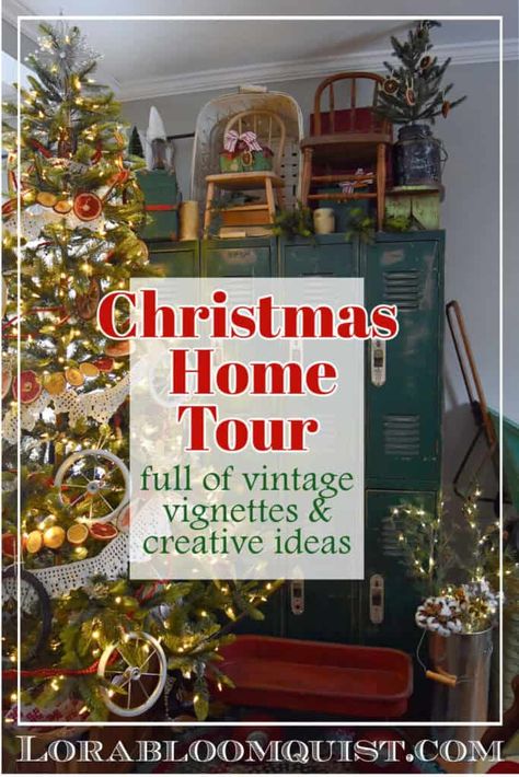 Decorating With Antiques For Christmas, Vintage Santa Decor, Hutch Decorating Ideas Display, Old Time Christmas Decorations, Christmas Vignettes Display, Christmas Hutch Decor, Cottage Christmas Decorating, Christmas Decor On A Budget, Thrifted Christmas