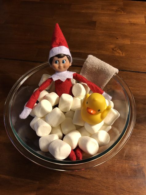 Elf taking a marshmallow bubble bath Elf Marshmellow Ideas, Easy Elf On The Shelf Ideas With Mini Marshmallows, Elf With Marshmallows, Elf On Shelf With Marshmallows, Elf On The Shelf Idea With Marshmallows, Elf In Marshmallow Bath, The Artist Movie, Miniature Sign, Elf Magic