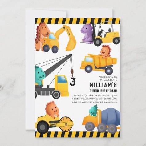 Girl Birthday Party Crafts, Dino Party Invitation, 92nd Birthday, 77th Birthday, Fork Lift, Construction Trucks, Dinosaur Birthday Invitations, Party Boy, Cement Mixer