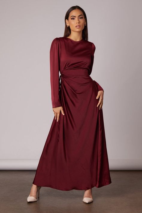 Burgundy Maxi Dress, Satin Maxi, Satin Maxi Dress, Waist Strap, Fall Collections, Satin Fabric, Round Neckline, One Shoulder Formal Dress, Long Sleeves