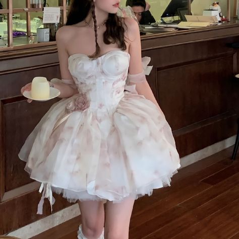 Short Princess Dress Aesthetic, Aesthetic Puffy Dress, Cute Puffy Dresses Short, Fairy Wedding Dress Short, Fairytale Mini Dress, Mini Poofy Dress, Dresses With Petticoats, Mini Puffy Dress, Short Ball Gown Dresses