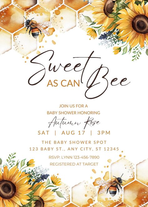 Sweet As Can Bee Shower Ideas, Bee Theme Gender Reveal Invitation, Honeycomb Baby Shower Ideas, Gender Neutral Shower Theme, Bumble Bee Theme Baby Shower Ideas, Sweet As Honey Baby Shower Ideas, Bee And Sunflower Baby Shower Theme, Bees And Sunflowers Baby Shower Theme, Baby Shower Themes Neutral Summer