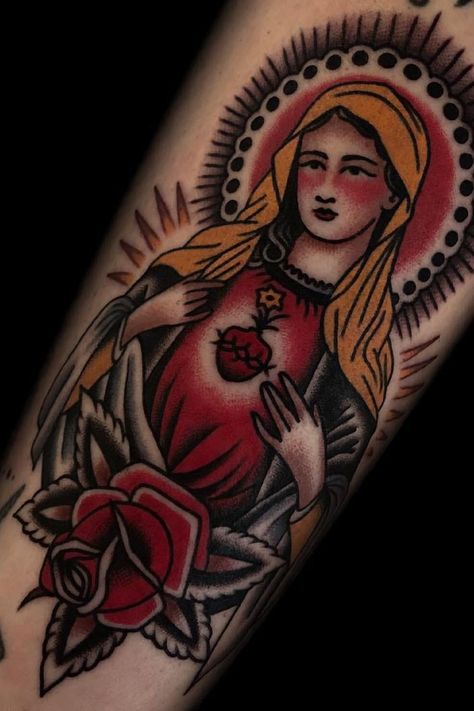 Virgin Mary tattoo by Austin Maples - Book with Austin on Tattoodo or find an artist near you! - #virginmarytattoo #virginmary #sacredheart #sacredhearttattoo #traditionaltattoo #rosetattoo #religioustattoo #catholictattoo #catholicart #tattooidea #tattooinspo #tattoodesign Traditional Virgin Mary Tattoo, Mary Tattoos, American Style Tattoo, Mother Mary Tattoos, Catholic Tattoos, Virgin Mary Tattoo, Christian Tattoo, Sacred Heart Tattoos, Mary Tattoo