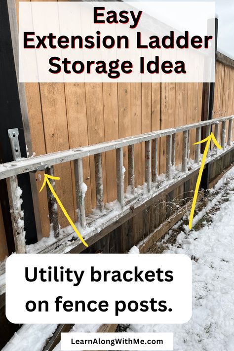 Is your ladder just lying on the ground? Mine was. So I found this easy extension ladder storage idea. This is the option I went with, but I researched and wrote an article with other ladder storage ideas. If you're tired of moving it out of the way, or stepping over it, check out these storage options. Thank you. Fence Storage Ideas, Extension Ladder Storage Ideas, Extension Ladder Storage, Ladder Storage Ideas, She Shed Workshop, Ladder Hooks, Hanging Ladder, Metal Ladder, Ladder Storage