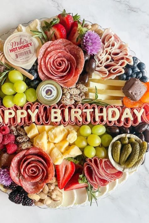 🧀✨ Discover the ultimate guide to charcuterie boards for your upcoming birthday bash! We've got unique and delightful ideas that will make your celebration unforgettable. From creative presentation to the most mouth-watering selections, let's get inspired and create a feast that everyone will be talking about! 🎉 60th Charcuterie Board, Birthday Themed Charcuterie Board, First Communion Charcuterie Board, Space Themed Charcuterie Board, Candy Charcuterie Board Birthday, Happy Birthday Charcuterie Board, Birthday Charcuterie Board Ideas, Charcuterie Cake, Birthday Charcuterie Board