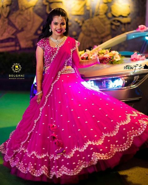 Pink Half Sarees Party Wear, Reception Frocks For Bride, Pink Half Sarees, Mom And Son Outfits, Lengha Blouse Designs, Bridal Lehenga Online, Lehenga Saree Design, Long Frock Designs, Simple Lehenga