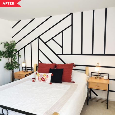 Credit: <a href="https://www.amu-cherian.com/blogs/room-makeover/geometric-mural-for-under-20-renter-friendly">Ammu Cherian</a> Diy Renter Friendly, Accent Wall Bedroom Paint, Geometric Mural, Board And Batten Accent Wall, Batten Accent Wall, Geometric Wall Mural, Creative Beds, Off White Walls, Accent Wall Designs