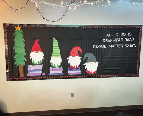 Gnome Window Display, Winter Bulletin Boards For Elementary Library, Winter Holiday Library Displays, Winter Bulletin Boards For Library, Deck The Halls School Ideas, Winter Library Bulletin Boards, Gnome Bulletin Board Ideas, Library Puns, Holiday Library Displays