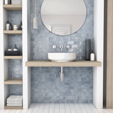 Small Bathroom Tile Ideas, Blue Bathroom Tile, Small Bathroom Tiles, Bathroom Inspiration Decor, Upstairs Bathrooms, Blue Bathroom, Bathroom Renos, House Bathroom, Beautiful Bathrooms