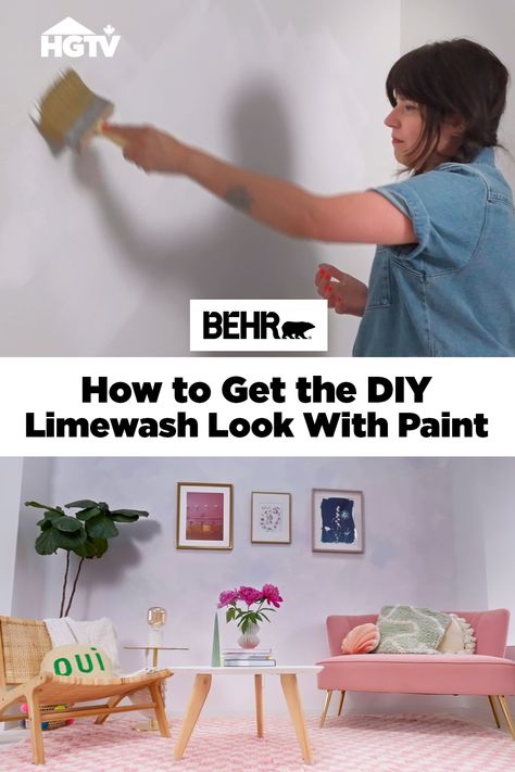 Split photo of woman painting a white wall on top and a stylishly decorated living room at the bottom. Fake Limewash Paint, Limewash Wall, Limewash Walls, Wall Trends, Lime Wash, Vacation House, Boho House, Home Tours, Home Network