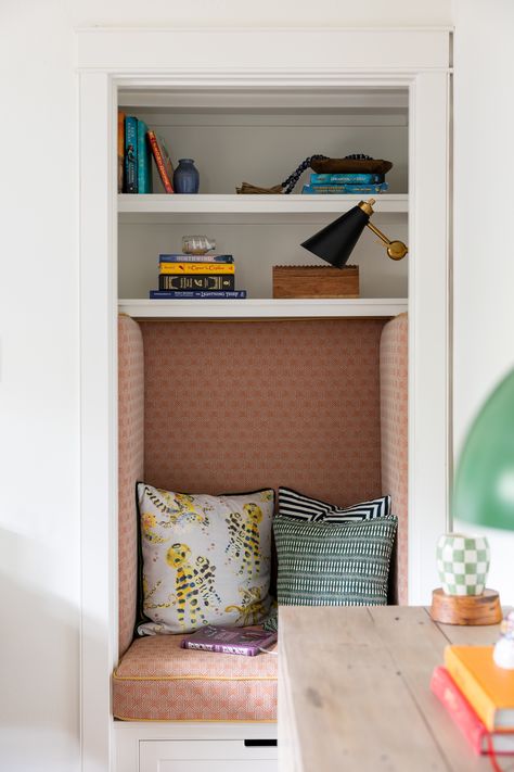 Corner Bookshelf With Seat, Closet Nooks For Kids, Kids Nook Ideas, Children’s Reading Corner, West Elm Book Nook Chair, Edwardian Lounge, Closet Book Nook Kids, Boy Playroom, Bedroom Alcove