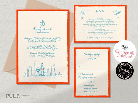 "This digital invitation template suite is bold and modern in style featuring a scribbled handwritten font and hand drawn sketch elements giving it an eclectic, funky, whimsical feel. Find the matching designs here: https://www.etsy.com/uk/shop/PulpTemplatesCompany?ref=seller-platform-mcnav&search_query=0039 BUNDLE PROMO Create your own custom bundle by adding 3 or more Pulp Template designs in your cart and at checkout use the promo code \"BUNDLE\" to receive an extra 25% off TRY THE DEMO Try the Demo at Corjl, copy and paste link into your browser: https://www.corjl.com/d/155C2L Please note: Desktop editing is recommended! Mobile and Tablet editing is limited. WHAT YOU RECEIVE You will receive your template in two sizes to cover US/CA and the rest of the world. Please refer to the listin Custom Wedding Invites, Wedding Invites Digital, Hand Drawn Save The Date, Eclectic Wedding Invitations, Simple Wedding Invites, Hand Drawn Wedding Invitations, Illustrated Invitations, Eclectic Wedding, Wedding Suite