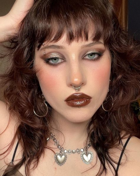 i almost forgot i had these photos 🧸 recreation of a look by @polidjo9 earrings necklace and septum from regal rose (code: OATMILK15… | Instagram Tarot Makeup, Reindeer Makeup, Warm Tone Makeup, Bronze Makeup Look, Vertical Labret Piercing, Vertical Labret, Regal Rose, Funky Makeup, Alt Makeup