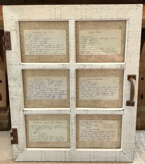 I aligned some of my mother’s old recipes into this rustic window for a memory piece for my kitchen wall❤️ Framed Old Recipes, Heirloom Projects, Framed Doilies, Framed Recipes, Framed Items, Rustic Window, Vintage Display, Old Recipes, Family Recipes