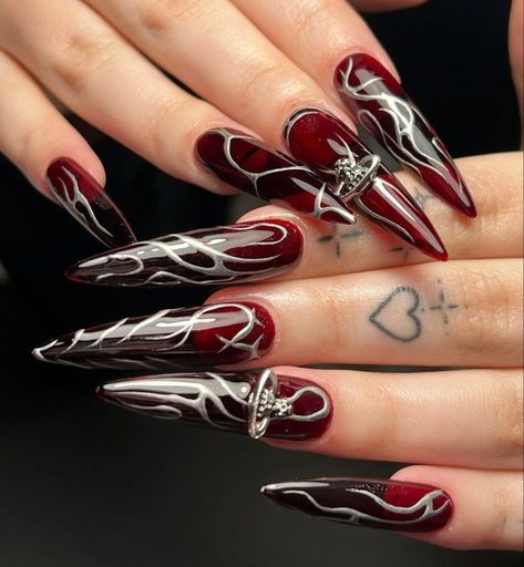 Dark Red Vampy Nails, Dark Red Nails Gel, Red Black Nails Designs, Silver And Red Nails, Red Goth Nails, Grunge Nails Acrylic 90s, Red Nails With Silver, Baddy Nails, Red Silver Nails