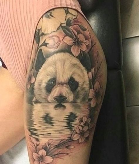 Tattoos Panda, Lion Tattoo On Thigh, Bear Tattoo Designs, Panda Tattoo, Couple Tattoos Unique, Bear Tattoos, Thigh Piece, Bear Tattoo, Sunflower Tattoos