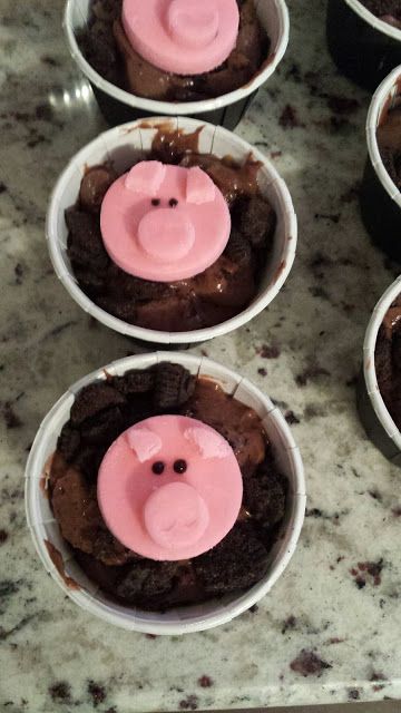 Pigs In The Mud, Pig Roast Party, Chocolate Pudding Cups, Barn Cake, Dirt Cups, Fondant Flower Cake, Fondant Figures Tutorial, Fondant Baby, Marshmallow Fondant