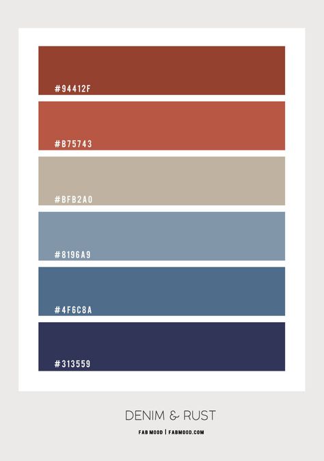 Dark Blue Pallete Color Combos, Indigo Pallete, Indigo Blue Colour Combination, Denim Blue Color Scheme, Russet Orange And Denim Blue, Terracotta And Blue Palette, Colors To Pair With Navy Blue, Dark Denim Color Palette, Navy And Terracotta Living Room