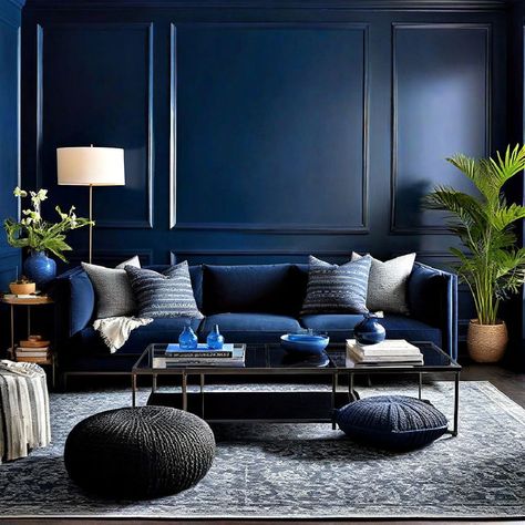 30 Dark Living Room Ideas for A Dramatic Dark Blue Movie Room, Dark Blue Lounge, Blue Coastal Living Room, Dark Living Room Ideas, Dark Living Room, Coastal Colonial, Dark Living Rooms, Blue Lounge, Tall Ceilings