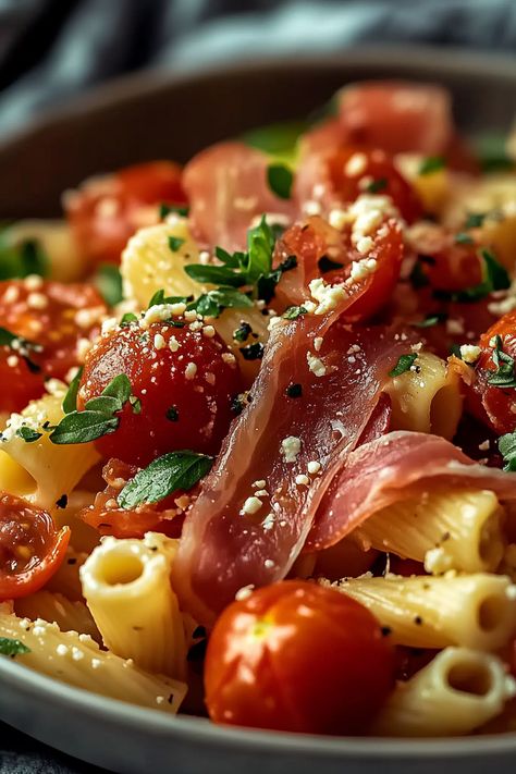 Creamy Roasted Tomato Ricotta Pasta with Crispy Prosciutto Pasta Recipes Fancy, Diced Prosciutto Recipes, Prosciutto Pasta Recipes, Creamy Roasted Tomato Ricotta Pasta, Roasted Cherry Tomatoes Pasta, Tomato Ricotta Pasta, Real Italian Recipes, Roasted Cherry Tomato Pasta, Unique Pasta Recipes