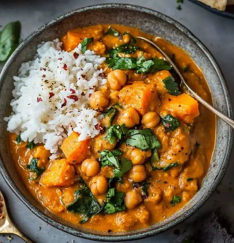 Discover our delicious sweet potato and chickpea curry recipe! Packed with flavor and nutrients, this easy-to-make dish is perfect for cozy nights in Chickpea Curry Meal Prep, Chickpea And Sweet Potato Curry, Easy Chickpea Curry Recipes, Sweet Potato Stew Vegetarian, Sweet Curry Recipes, Healthy Dinner Potato, Sweet Potato Chickpea Recipes, Rice And Chickpea Recipes, Healthy Vegetarian Recipes Indian