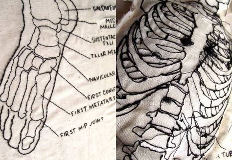 Foot Anatomy & Ribcage Embroidery (Emma Sunman) Ribcage Embroidery, Textiles Anatomy, Biology Embroidery, Coffin Backpack, Foot Anatomy, Emo Boy, Interior Textiles, Human Form, Free Machine Embroidery