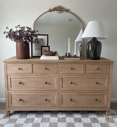 Dresser top decor Vase christingracehome Round Nightstand Styling, Bedroom Dresser Decor With Tv Mounted Tv, Styling A Bedroom Dresser, Shelves Over Dresser, Dresser Top Decor Ideas, Dresser With Mirror Makeover, Dresser Decor Bedroom With Tv, Bedroom Dresser Decor With Tv, Amber Interiors Bedroom