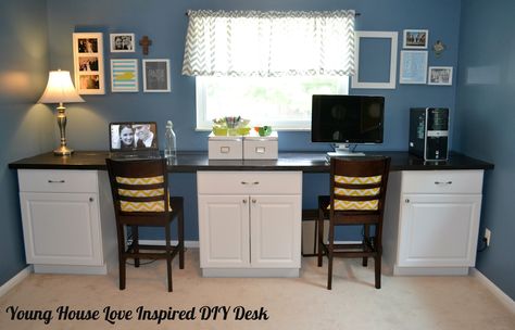 DIY whole wall desk. Office Wall Paints, Bold Office, Blue Home Offices, Homestead Blog, Wall Office, Desk Plans, Craft Room Design, Young House Love, Diy Office