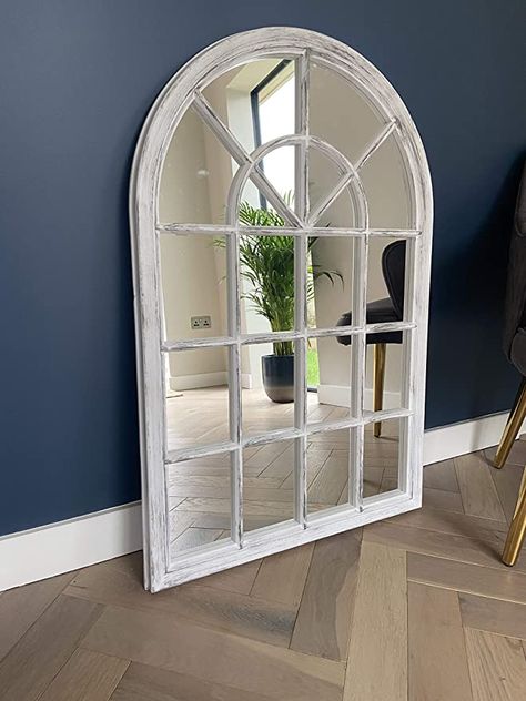 Creekwood Marseille Indoor/Outdoor Lightweight Arched Window Wall Mirror, White Brushed Grey, W65cm x H97cm x D3cm : Amazon.co.uk: Home & Kitchen Arched Window Mirror White, Window Style Mirror, White Window Mirror, Window Mirror Hallway, Mirror That Looks Like Window, Arched Windows Living Room, Mirror Window Wall Decor, Hall Mirror Ideas, Rustic Mirror Wall Decor