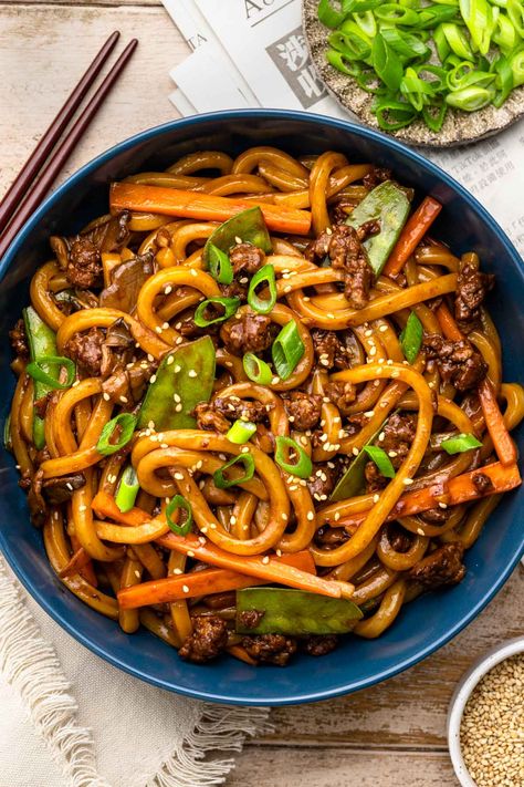 Try my 20-minute Teriyaki Udon Noodles – a quick and easy weeknight favourite! Loaded with tasty sautéed veggies like snow peas, mushrooms, carrots, and vegan ground beef, all mixed with chewy udon noodles in a sweet and salty teriyaki sauce. It's like bringing takeout right into your kitchen! Teriyaki Udon Noodles, Take Out Noodles, Beef Sushi, Chewy Noodles, Make Teriyaki Sauce, Udon Noodles Recipe, Japanese Fruit, Teriyaki Noodles, Udon Recipe