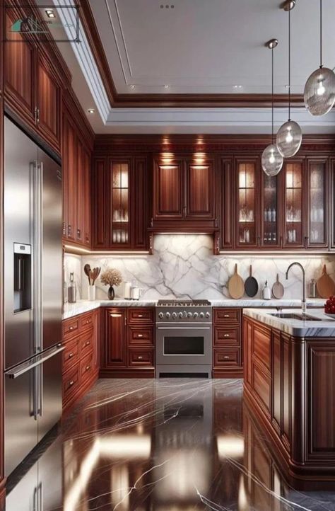 Kitchen With Cherry Cabinets, Cabinets In Kitchen, Cherry Wood Kitchen Cabinets, Light Countertops, Cherry Wood Kitchens, Cherry Wood Cabinets, Cottagecore Living, Kitchen Bar Design, Kitchen Cabinet Ideas