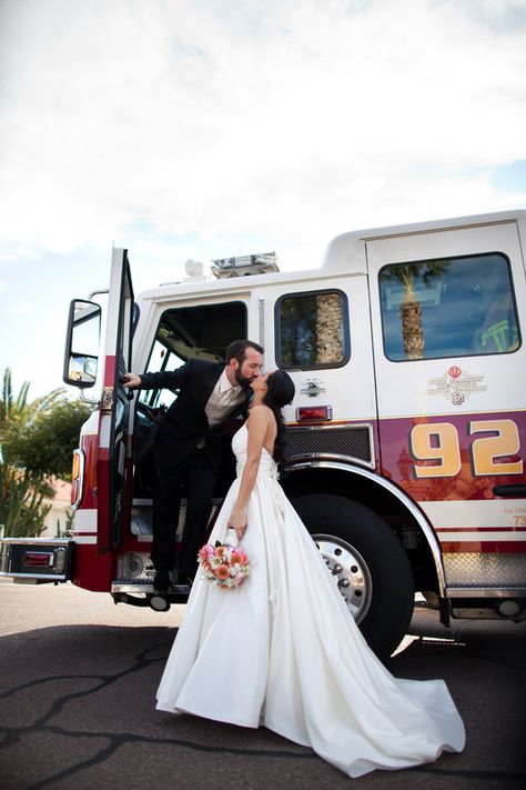 Firehouse Wedding Reception, Fireman Wedding Photos, Fire Truck Wedding Photos, Firefighter Wedding Photos, Fire Department Wedding, Firefighter Engagement Pictures, Fireman Wedding, Firefighter Engagement, Wedding Pictures Beach