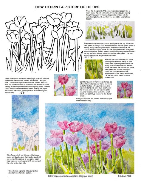 Tulips Printable, Watercolor Worksheet, Paint Tulips, Perspective Composition, Colouring Tips, Botanical Sketchbook, Paint A Picture, Learn Watercolor Painting, Work Sheet