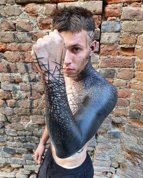 Men’s Black Tattoos, Sleeve Tattoos Blackwork, Blackwork Half Sleeve, Brutal Black Project Tattoo, Black Out Arm Tattoo, Black Out Sleeve Tattoo, Heavy Blackwork Tattoo, Shoulder Neck Tattoo, Blackout Sleeve Tattoo