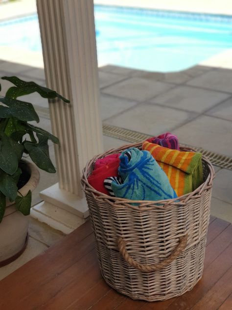 Pool Towel Basket, Pool Basket, Towel Basket, Lavender Cottage, Pool Towels, Pool Patio, Wicker Laundry Basket, Club House, Pool Party