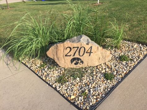 Address signs, boulder, engraving Boulder Address Sign, Address Boulder Landscape, Address Rock Landscaping, Address Stone Landscaping, Address Rocks Front Yards, Flag Pole Landscaping Front Yards, Flag Pole Landscaping, Rock Engraving, Lawn Address Sign