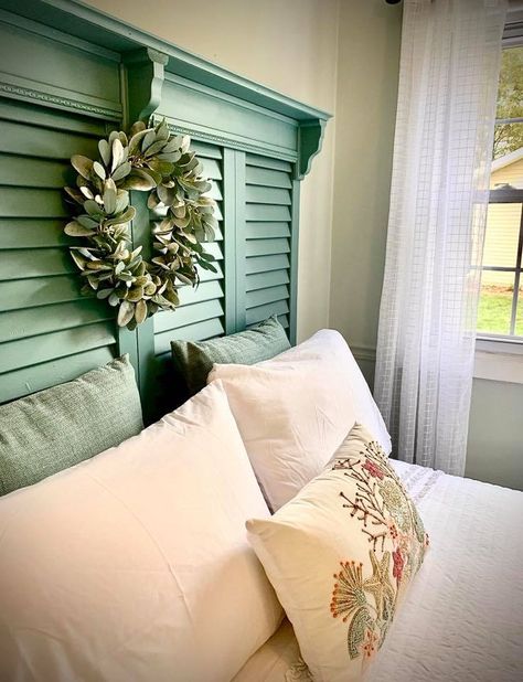 Build a Headboard out of Exterior Shutters - The Happy Farmhouse Small Crown Molding, Window Shutters Diy, Old Wooden Shutters, Bedroom Wall Paint Colors, Shutter Headboards, Shutters Repurposed Decor, Old Window Shutters, Build A Headboard, Narrow Shelf