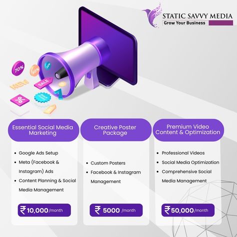 🚀 Elevate Your Online Presence with Our Affordable Social Media Marketing Packages! 🚀 At Static Savvy Media, we offer tailored solutions to boost your digital presence and drive success. Check out our exclusive pricing plans designed to fit your needs and budget: Plan 1: Essential Social Media Marketing 💰 Price: ₹10,000 per month Services Included: 👉Google Ads Setup: Initial setup, keyword research, ad creation, and performance monitoring. 👉Meta (Facebook & Instagram) Ads: Campaign setup,... Digital Marketing Packages, Meta Ads Design, Social Media Marketing Pricing, Poster Package, Hashtag Strategy, Marketing Packages, Pinterest Engagement, Instagram Management, Budget Plan