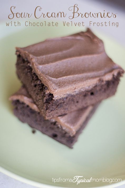 Sour Cream Brownies with Chocolate Velvet Frosting Sour Cream Brownies, Chocolate Frosting For Brownies, Brownie Mix Recipes, Sour Cream Frosting, Sour Cream Cookies, Brownie Mix Cookies, Perfect Brownies, Brownie Frosting, Sour Cream Recipes