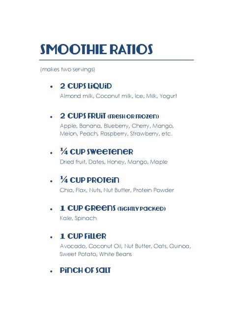 Basic Smoothie Ratios (master recipe for foolproof smoothies--I keep this taped inside my kitchen cupboard) Smoothie King Smoothies Recipes, Basic Smoothie Guide, Smoothie Ratio Chart, Smoothie Ratio, Smoothie Ingredient List, Basic Smoothie, Smoothie King Recipes, Smoothie Basics, Super Healthy Smoothies