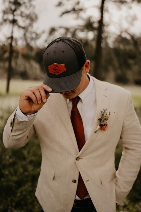 Groom Wearing Hat, Groom With Hat On, Groom Suit With Hat, Groom With Baseball Hat, Groom Ball Cap Wedding, Groom Wearing Baseball Hat For Wedding, Groomsmen With Hats, Groomsmen With Ball Caps, Groomsmen Ball Caps