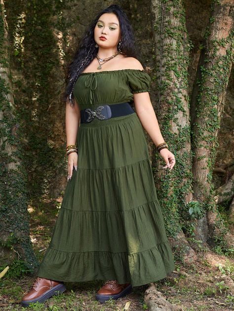 Army Green Boho Collar Short Sleeve Fabric Plain A Line Embellished Non-Stretch  Women Plus Clothing Plus Size Cottagecore Fashion, Plus Size Cottagecore, Plus Size Grunge, Goth Preppy, Boho Prom, Summer 90s, Boho Summer Outfits, Baddie Aesthetic, Business Formal Dress