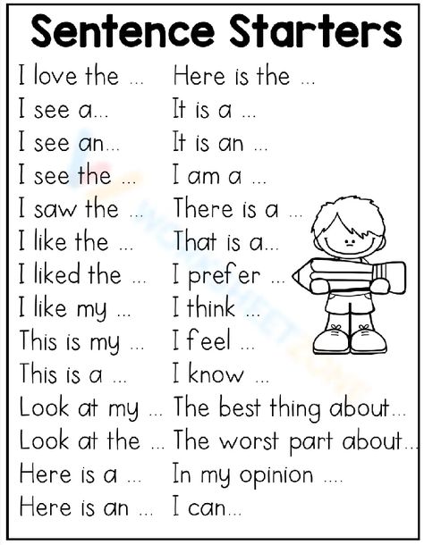 100 creative writing prompts and sentence starters to help you get started on your next writing project. Whether you're a student, a writer, or just someone who enjoys writing, these prompts will help you generate ideas and get your creative juices First Sentence Ideas, Beginning Sentence Writing, Basic Sentences In English For Kids, 1st Grade Sentence Writing, I See Worksheet, Dictation Sentences First Grade, Sentence Starters Writing, Sentence Starters For Stories, Sentence Starters Prompts