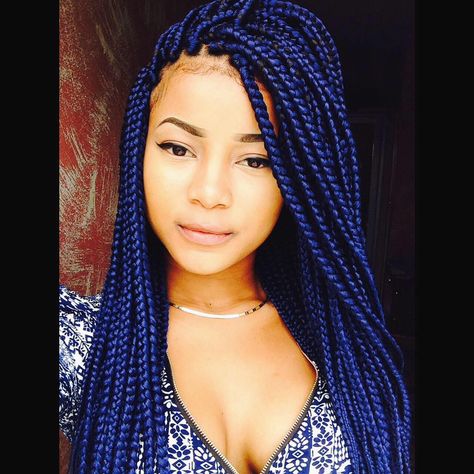 |@AShawnaY| Box Braids Hairstyles Blue, Blue Box Braids, Blue Braids, Colored Box Braids, Colored Braids, Messy Ponytail, Long Box Braids, Box Braids Styling, Cool Braids