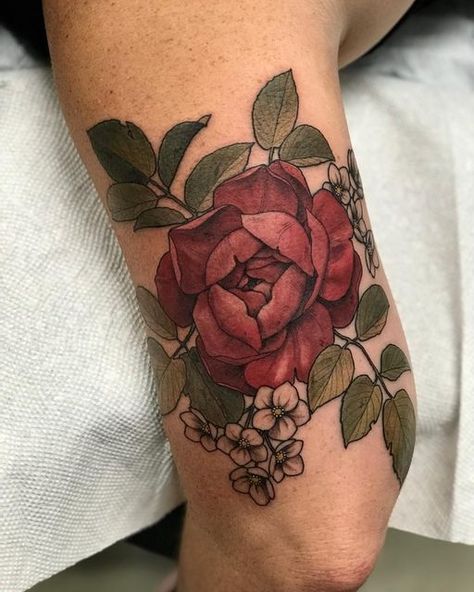 Floral Elbow Tattoos For Women, Colorful Peony Tattoo, Colored Peony Tattoo, Neotraditional Flower Tattoo, Best Flower Tattoos, Wild Rose Tattoo, Tat Inspiration, Tattoo 2023, Peony Tattoo