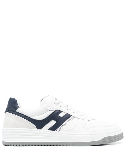 side logo-patch low-top sneakers from HOGAN featuring logo patch to the side, round toe, front lace-up fastening, white/black, calf leather, calf suede, branded insole and flat rubber sole. Hogan Shoes, Sneakers Multicolor, Hogan Sneakers, H Design, Brown Sneakers, Shoes Uk, Sneakers Online, White Shoes, Sneakers White