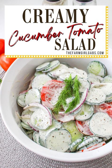 If you're in the mood for a light and refreshing side dish, this Creamy Tomato and Cucumber Salad is just what you need. It's a simple combination of sliced tomatoes, cucumbers, and red onion, all tossed in a creamy, tangy dressing. Creamy Cucumber Tomato Salad, Tomato And Cucumber Salad, Tomato And Onion Salad, Tomato And Cucumber, Creamed Cucumbers, Sliced Tomatoes, Brunch Desserts, Cucumbers And Onions, Creamy Cucumbers