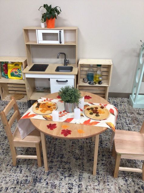 Jr. Preschool room at May Court set up a beautiful fall invitation in their dramatic play area Autumn Dramatic Play, Fall Dramatic Play Preschool, Fall Dramatic Play, Dramatic Play Themes, Preschool Room, Play Props, Preschool Rooms, Dramatic Play Preschool, Dramatic Play Area