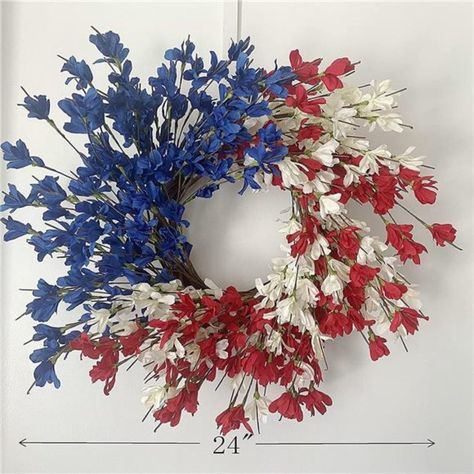 Specially Patriotic Wreath To Celebrate The Upcoming 4th Of July, 2023, The 247th Anniversary Of The Founding Of The United States, The Patriotic Independence Day Wreaths Is Perfect For Anywhere In Your Front Door Or House. First Choice As A Gift In Order To Better Set Off The Atmosphere Of American Independence Day, This Patriotic Wreath Is Composed Of Retro Red Stripes, Cream And Navy Blue To Form The National Flag. It Is Very Suitable For Adding Original American Colors With A Variety Of Brig Patriotic Flag Wreath, Patriotic Door Decorations, Forsythia Wreath, Patriotic Door Wreath, Red White Blue Wreath, Summer Front Door, Flag Wreath, American Independence Day, Memorial Day Wreaths