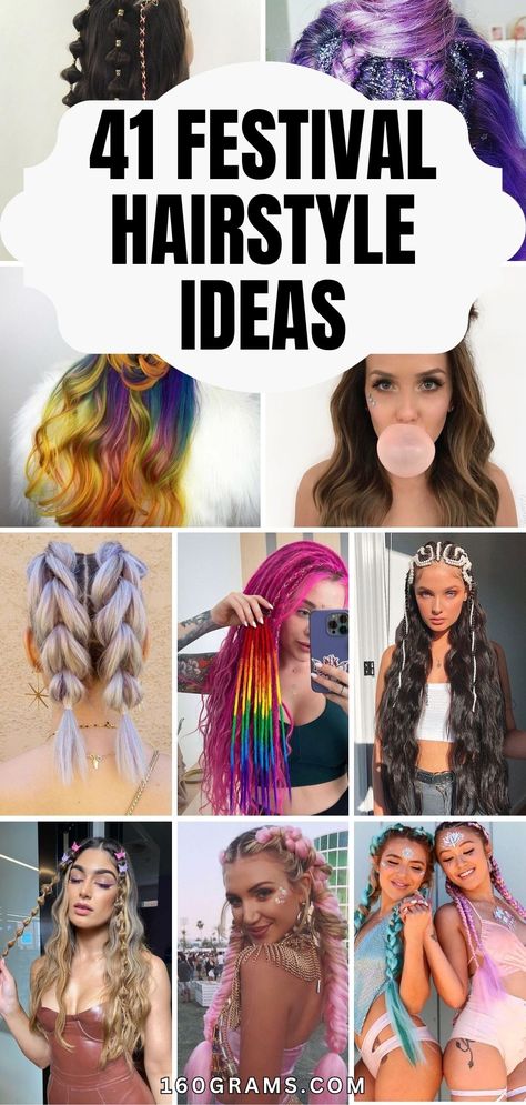 Pin this for a collection of stunning festival hairstyles to turn heads and stand out from the crowd. Discover glamorous looks and get inspired to rock your next festival with confidence! #FestivalHairstyles #GlamGalore #HairInspiration Hairstyles Glam, Space Buns Hair, Pink Hair Extensions, Festival Hairstyles, Glow Hair, Bubble Ponytail, Hair Tinsel, Party Hair Accessories, Hair Jewels